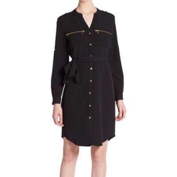 Calvin Klein Black Button-Down Wrap Tie Dress - Classic Workwear Midi - Picture 1 of 6